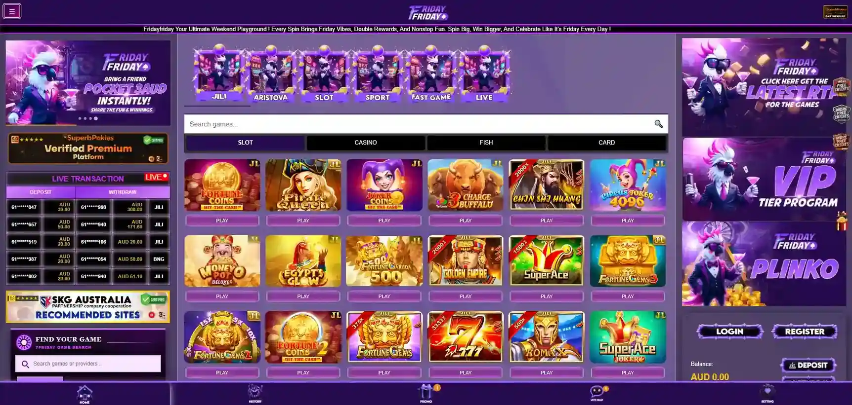 FridayFriday homepage with the main casino navigation and game lobby